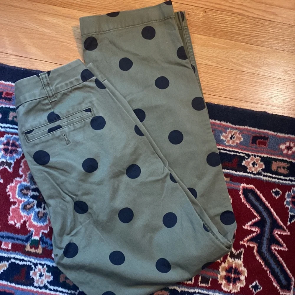 J. Crew Olive Green Wide-Leg Pants with Black Polka Dots